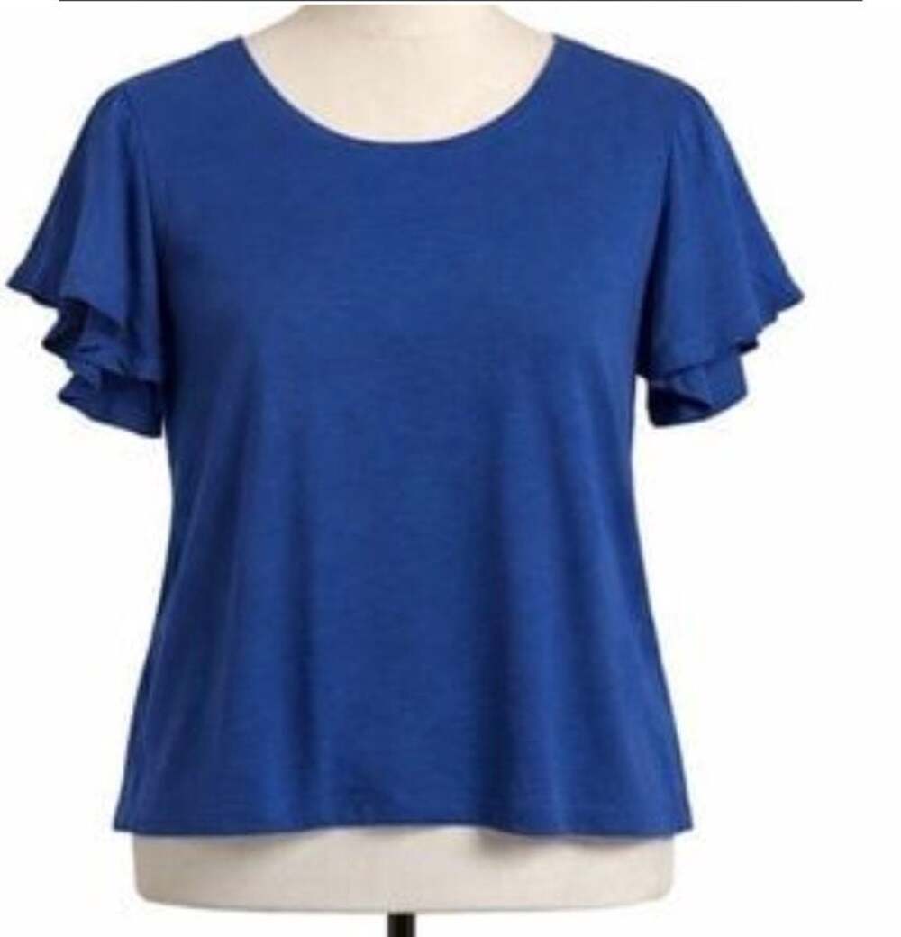 LC Lauren Conrad Blue Flutter Ruffle Sleeve V-Neck Cotton Slub Top
